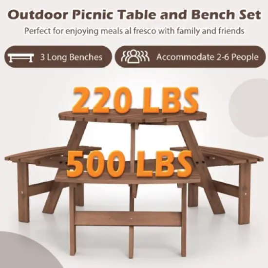 Tangkula 6-Person Round Picnic Table Set w/ 3 Built-in Benches 2" Umbrella Hole image {6}