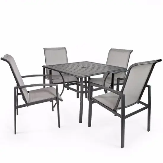 Barton 5Pcs Outdoor Set Mesh High Back Seat Patio Dining Sling Chairs Table Grey image {1}