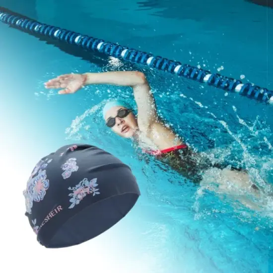 Unique Bargains Silicone Waterproof Flower Print Swim Cap Blue 1 Pc image {1}