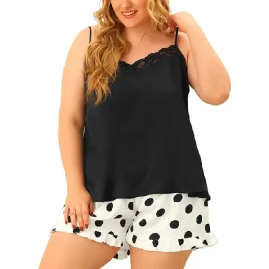 Agnes Orinda Women's Plus Size Polka Dots Sleep Short Satin Lace Trim Camisole Pajamas Set image {5}