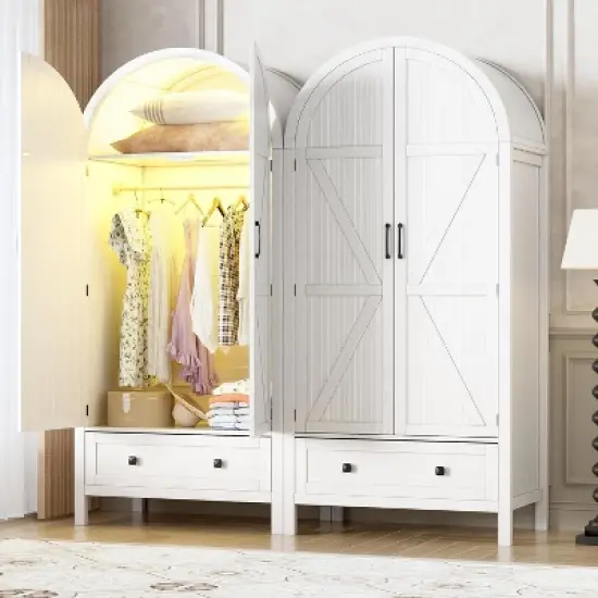 PAKASEPT 70.9&lsquo;&rsquo; Arched Wooden Armoire Wardrobe Closet with Drawers and Fluted Doors, with Light & Shelves and Hanging Rod, White image {5}