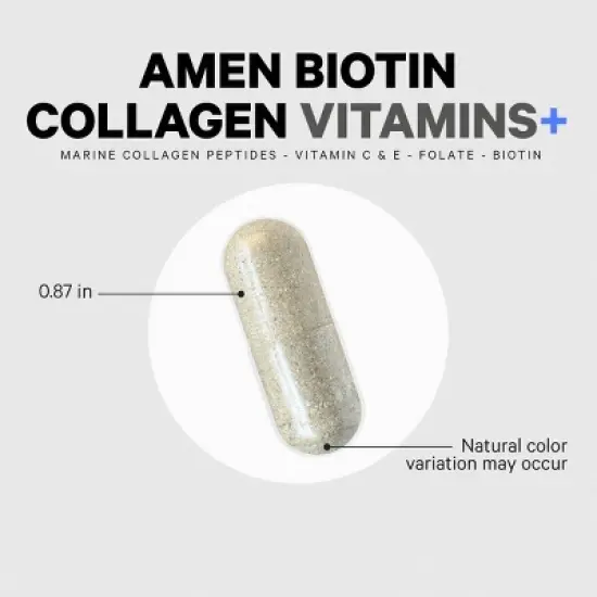 Amen Biotin Collagen Peptides, Vitamins C & E, Folate, Keratin, Hyaluronic Acid, Hair & Skin, 90 ct image {8}