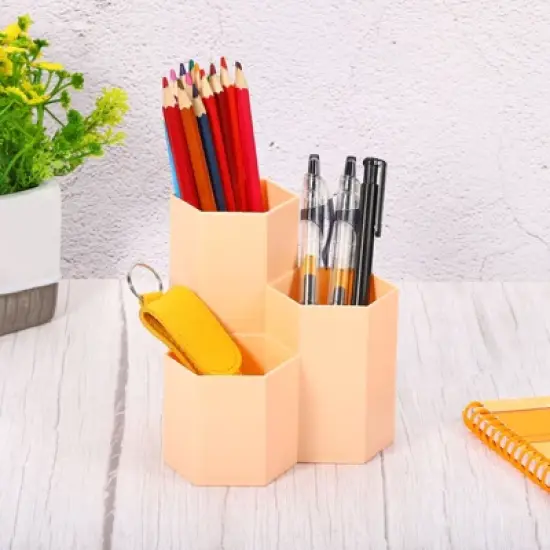 Unique Bargains Pencil Holder Plastic 3 Slots Hexagon Desk Organizer Pen Cup for Office Desktop Home image {4}