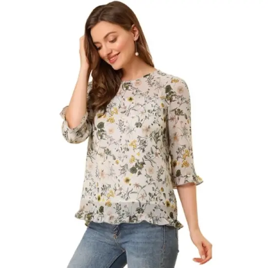 Allegra K Women's Casual Round Neck Ruffle 3/4 Sleeve Floral Print Chiffon Blouse image {13}