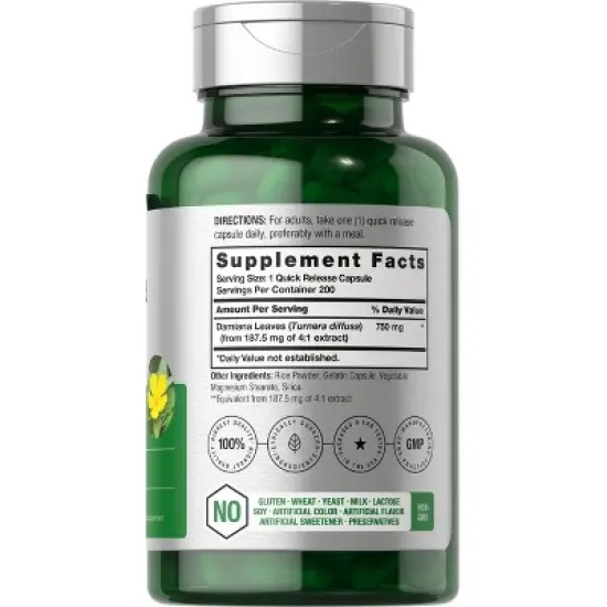 Horbaach Damiana Leaf 750mg | 200 Capsules image {1}