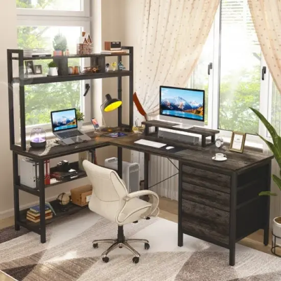Aheaplus L Shaped Computer Desk, Gaming Desk with Hutch image {10}