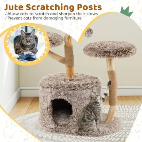 Costway Solid Wood Cat Tree with Well-woven Cattail Basket Luxury Condo Scratching Posts image {6}