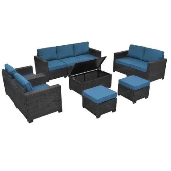 ELJGET 10PCS Outdoor Patio Rattan Furniture Set Cushioned Sectional Sofa Storage Coffee Table Deep Brown Wicker image {4}