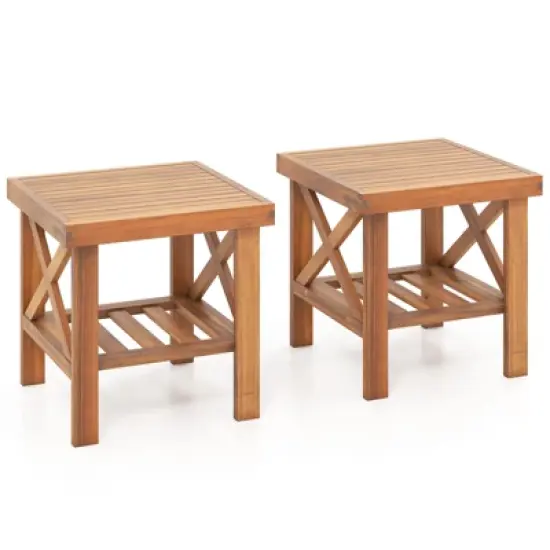 Tangkula 2PCS Outdoor Side Table Acacia Wood Adirondack Table w/ Storage Shelf Natural image {9}