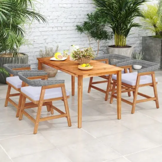 Tangkula 5PCS Patio Dining Set Solid Wood Furniture w/ Rattan Backrest & Seat Cushions image {10}