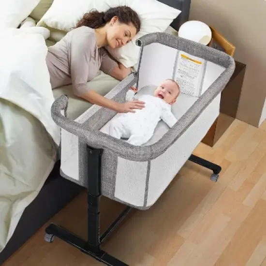 Kinder King Baby Bassinet 2 in 1 Bedside Sleeper,Folding Portable w/Storage Basket All-Sided Mesh 6 Adjustable Height Comfy Mattress image {1}