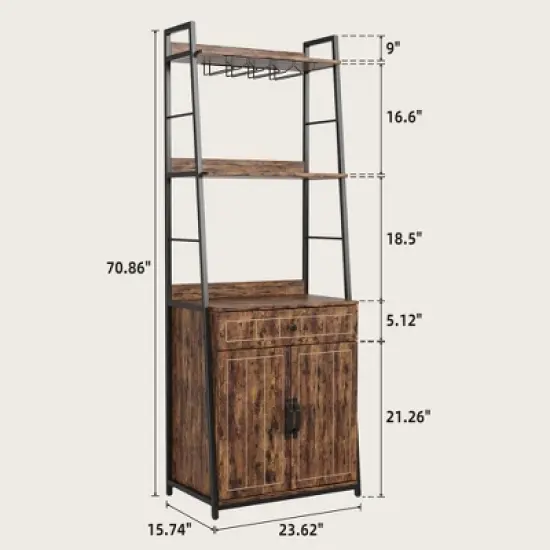 Bakers Rack with Storage Cabinet and Drawer, 70.8" Tall Industrial Coffee Bar Cabinet, Freestanding Kitchen Storage Organization, Rustic Brown image {6}