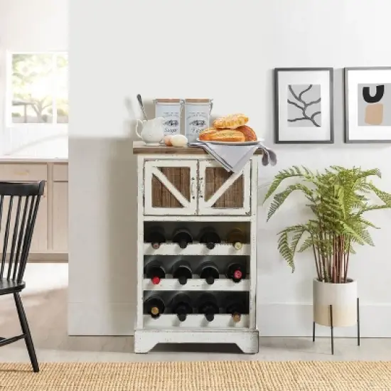 LuxenHome White and Natural Wood 2-Door Wine Cabinet image {1}