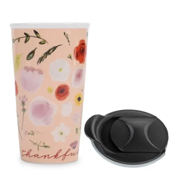 Lighthouse Christian Products Thankful and Blessed 12 ounce Ceramic Stoneware Travel Tumbler Mug, Blush Pink Floral image {5}
