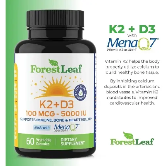 Forest Leaf K2 + D3 100 MCG - 5000 IU Formula, Supports Immune System, Bone & Heart Health - 60 Caps image {5}