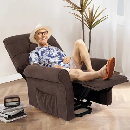 Costway Power Lift Recliner Chair Sofa for Elderly w/ Side Pocket & Remote Control Black\Brown image {3}