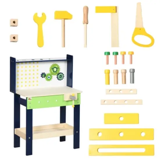 Qaba Wooden Kids Tool Bench with 27 Piece Tool Kit, Construction Work Shop Toy for Toddlers & Ages 3-6, Kids Workbench Playset Gift for Girls and Boys image {3}