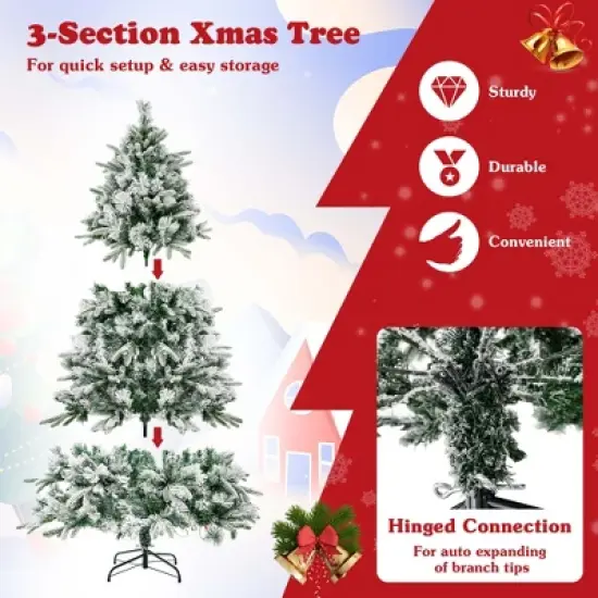 Costway 6/7 FT Pre-Lit Flocked Christmas Tree Hinged Xmas Decoration with 250/300 LED Lights image {6}