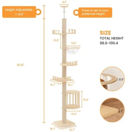 Heynemo Floor to Ceiling Cat Tree Tower with Acrylic Capsule, Adjustable Height, Sisal Scratching Posts, Multi-Level Design, Space-Saving Vertical image {2}