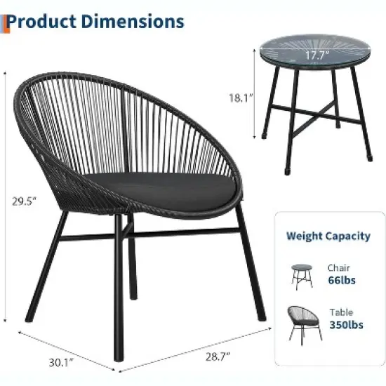 3 Pieces Outdoor Acapulco Chair Patio Bistro Set with Glass Top Table, Modern Patio Conversation Chairs Set of 2 for Balcony, Garden, Backyard image {1}