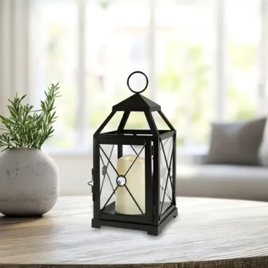 LumaBase Metal Lantern with Battery-Operated Candle - Black Gem image {1}