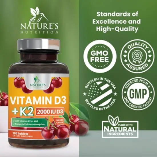 Vitamin D3 with K2 Supplement - High Potency Vitamin D Complex, Chewable - 60 Tablets;120 Tablets;180 Tablets image {3}