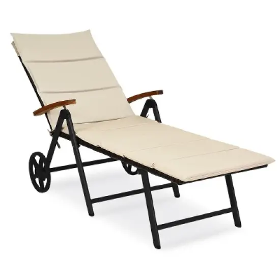Tangkula Outdoor Rattan Wicker Lounge Chair Folding Patio Chaise w/ Wheels & Cushion image {11}