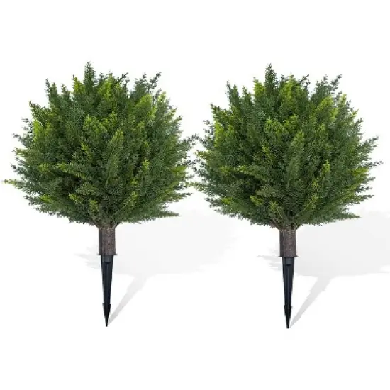 Set of 2 Artificial Cedar Topiary Trees 24" - UV Resistant Faux Cypress Shrubs w/ Ground Spikes for Porch & Garden Decor image {7}