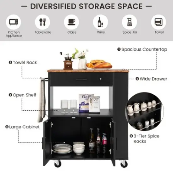 Costway Kitchen Island Cart Rolling Storage Cabinet w/ Drawer & Spice Rack Shelf image {6}