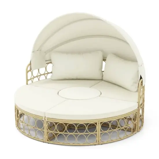 Tangkula Round Daybed w/ Retractable Canopy Soft Cushions for Patio Beige & Off White image {5}