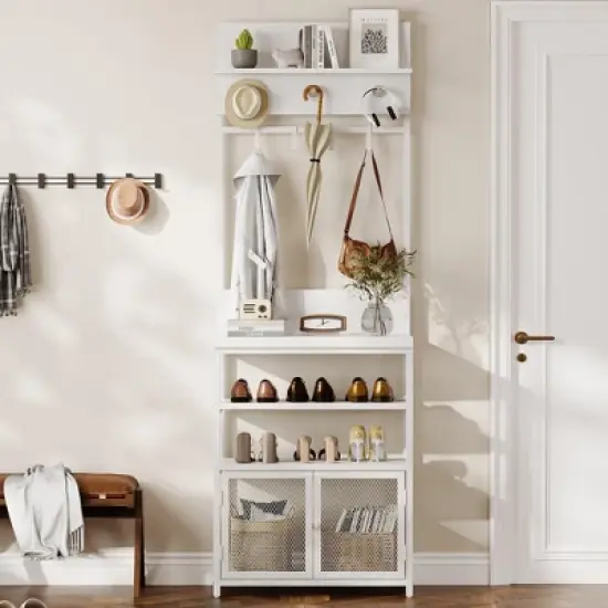 72.8" White Hall Tree with Doors, Narrow Coat Rack and Shoe Storage Organizer with 7 Hooks for Entryway, Bedroom and Mudroom image {3}