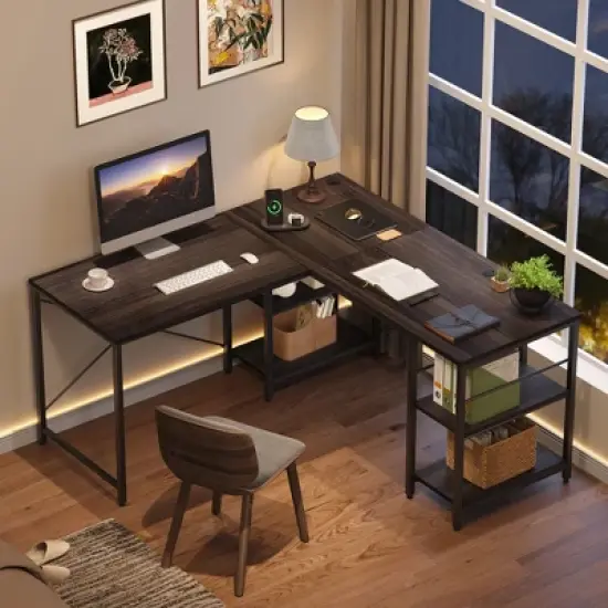 Bestier 59''L Shaped Gaming Desk with 4 Tier Adjustable Shelves,Reversible Corner Computer Desk,95"double desk for 2 person Home Office image {15}