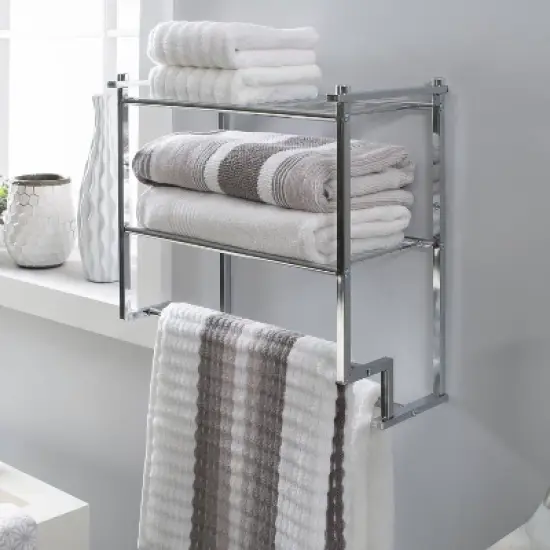 Two Tier Wall Mounting Rack with Towel Bar Silver - Organize It All image {3}