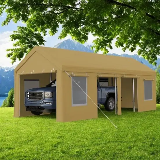 13x25ft Yellow Heavy Duty Carport Canopy, Portable Garage Shelter with Roll-up Windows, Reinforced Frame, Waterproof Cover image {8}