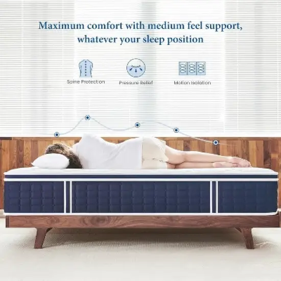 Coolvie 12 Inch Mattress, Medium Firm Mattress, Hybrid Individual Pocket Springs with Memory Foam, Cooler Sleep, Pressure Relief and Support image {1}