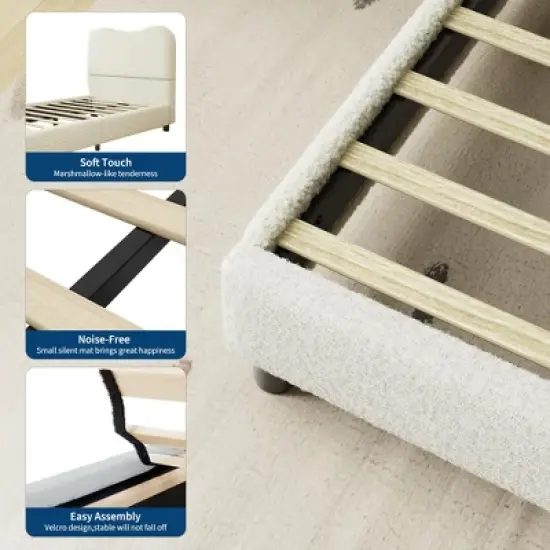 Pink Queen Kids Bed Frame with Upholstered Headboard, Low Profile Sturdy Platform Bed with Soft Boucle Fabric for Girls and Boys,No Box Spring Needed image {6}