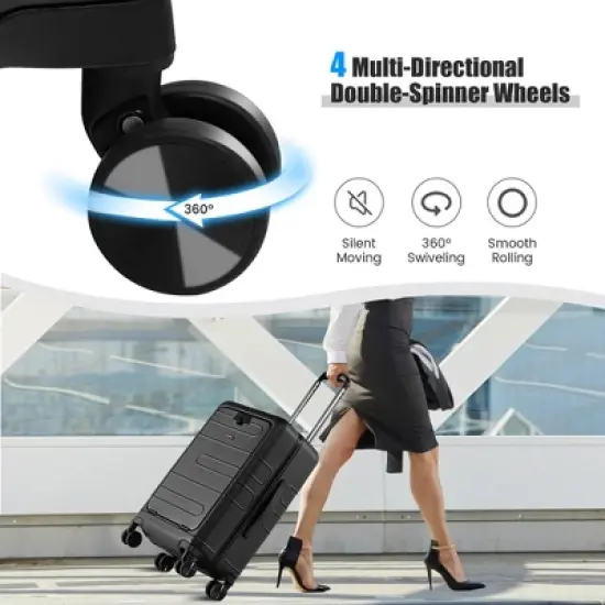 Costway 20'' Carry-on PC Hardside Suitcase TSA Lock w/ Front Pocket & USB Port Black image {4}