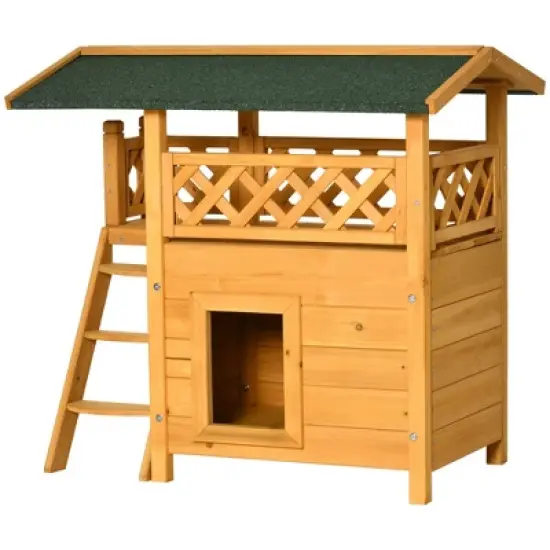 PawHut Outdoor Cat House, 2-Story Shelter for Feral Cats, Wooden Kitten Condo with Asphalt Roof, Stairs, Balcony, 30"x20"x29", Natural image {3}