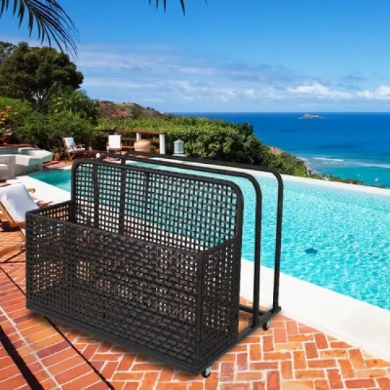 Pool Storage Bin, Rolling Poolside Float Storage with Towel Rack and Wheels, PE Rattan Mesh Organizer image {1}