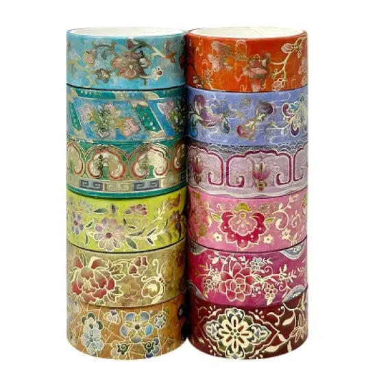Wrapables Elegant Gold Foil Washi Tape Box Set for Arts & Crafts, Scrapbooking, Stationery, Diary (12 Rolls), Playful Florets image {7}
