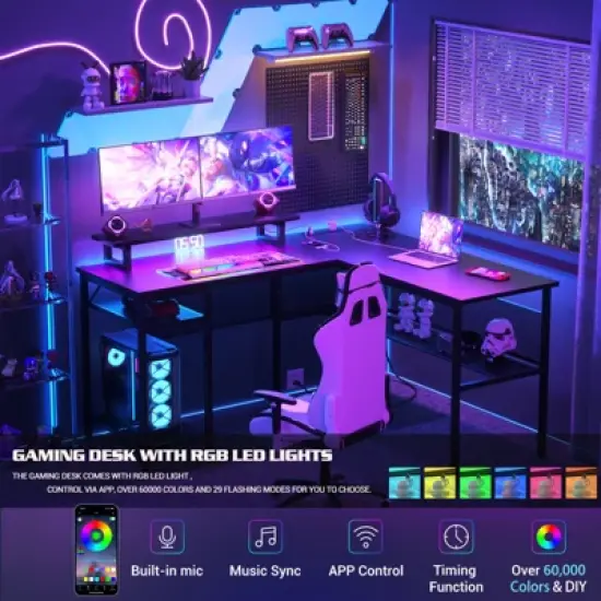 Aheaplus 55.5'' Reversible L-shaped Desk with Power Outlets and RGB LED Lights, Computer Table with CPU Stand and Monitor Stand image {9}
