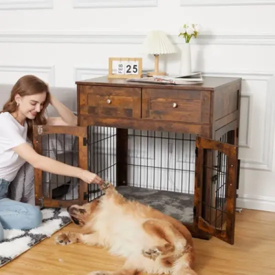 Dog Crate Furniture with Drawers,31.5'' Large Dog Crate with Cushion,Wooden Dog Kennel for Medium/Small Dog,Dog Crate End Table Up to 70 Lbs image {3}