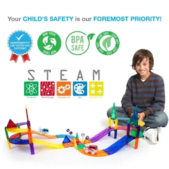 PICASSO-TILES Race Track Magnetic Tiles for Kids, 80PCS with 2 Racing Cars, Construction STEM Building Blocks Educational Toy image {4}