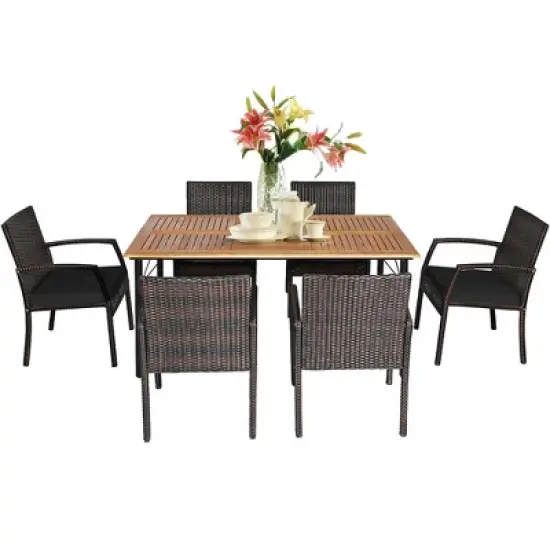 Tangkula 7PCS Patio Dining Furniture Set Yard w/ Wooden Tabletop Black Cushions image {5}