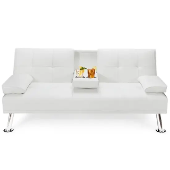 Costway Convertible Folding Futon Sofa Bed Leather w/Cup Holders&Armrests White\Black\Brown image {12}