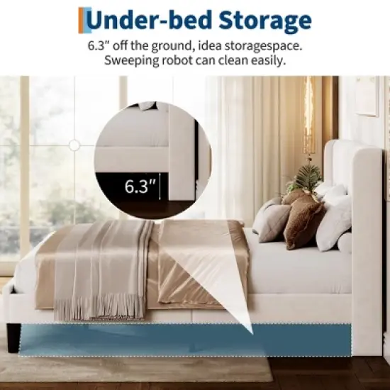 Bed Frame with Wingback Headboard - Vertical Channel Tufted Upholstered Platform, Noise-Free Reinforced Wood Slats, No Box Spring Needed, White image {5}