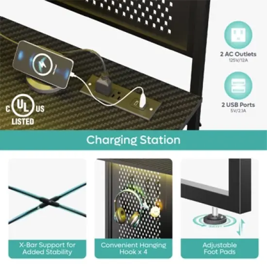 Bestier Gaming Desk with Power Outlets & LED Light, 39.3'' Computer Desk Office Table with Storage Shelves Pegboard image {2}