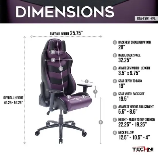 Ergonomic High Back Racer Style Video Gaming Chair Purple/Black - Techni Sport image {6}