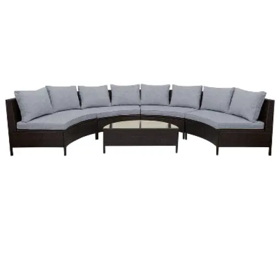 FIONECA 5-Piece Outdoor Patio Sectional Sofa Set, Brown PE Rattan Half-Moon Sofa with Tempered Glass Table & Gray Cushions image {3}