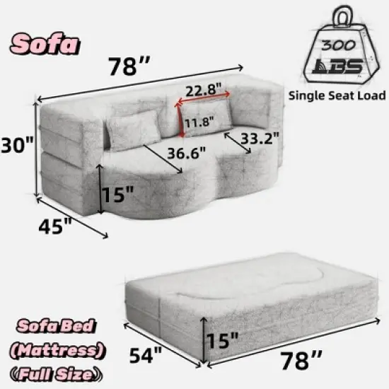 Modern Floor Sofa with 2 Pillows, Convertible Teddy Fabric Full-Size Folding Sofa Bed, 15" Foam Mattress for Living Room, Guest Bed, Playroom image {6}
